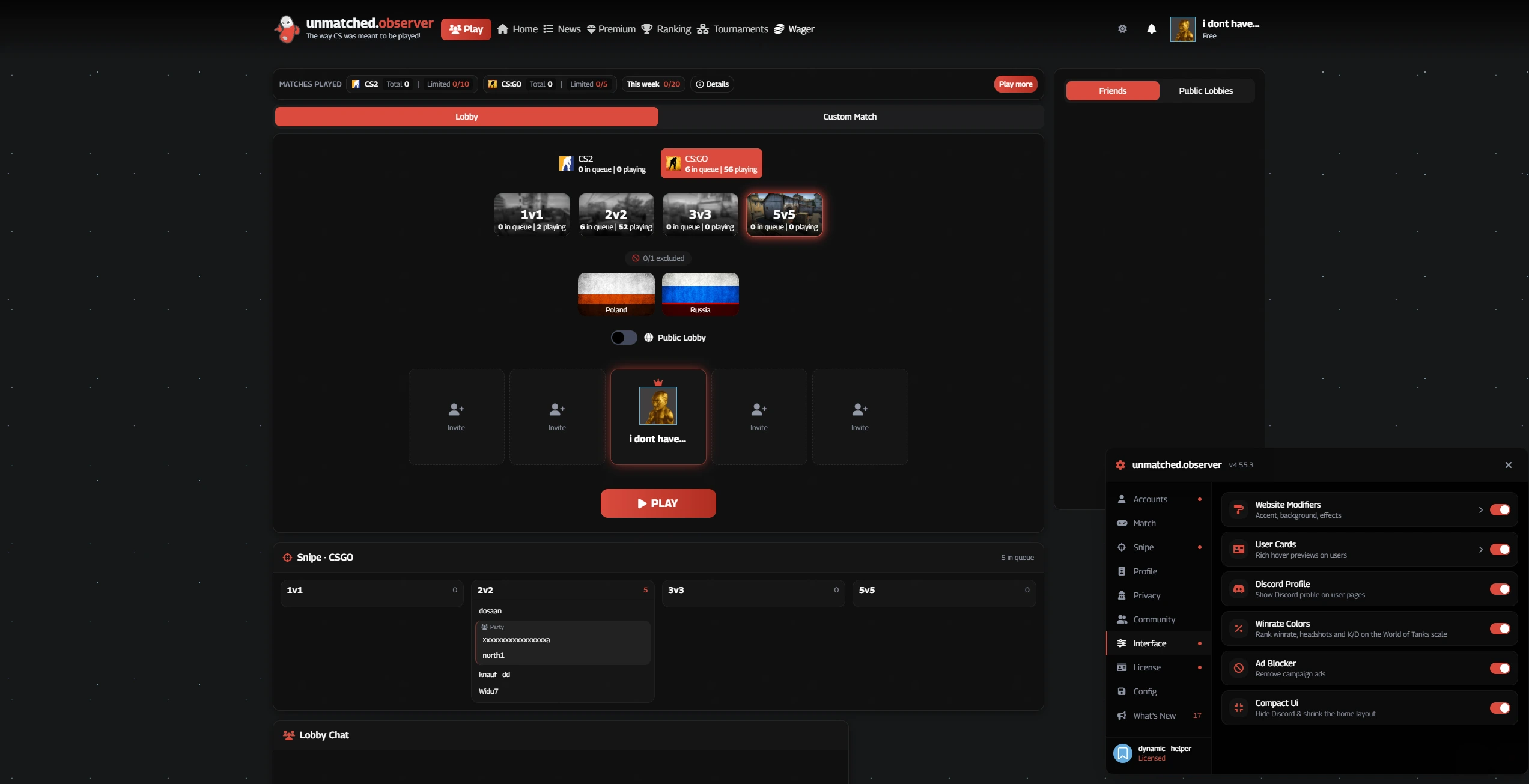 unmatched.gg, перекрашенный расширением, и окно настроек поверх него на разделе Interface.