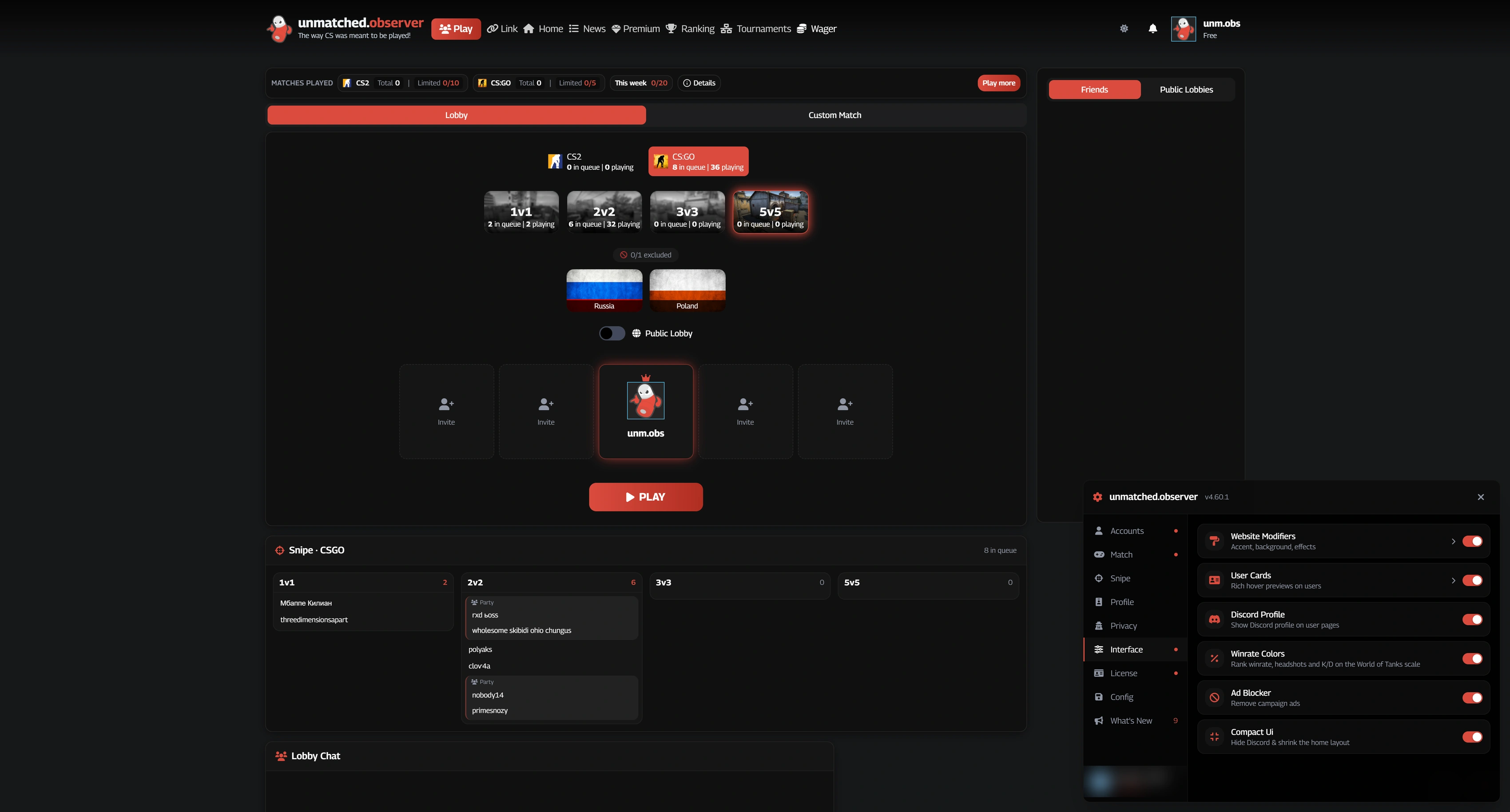 unmatched.gg, перекрашенный расширением, и окно настроек поверх него на разделе Interface.