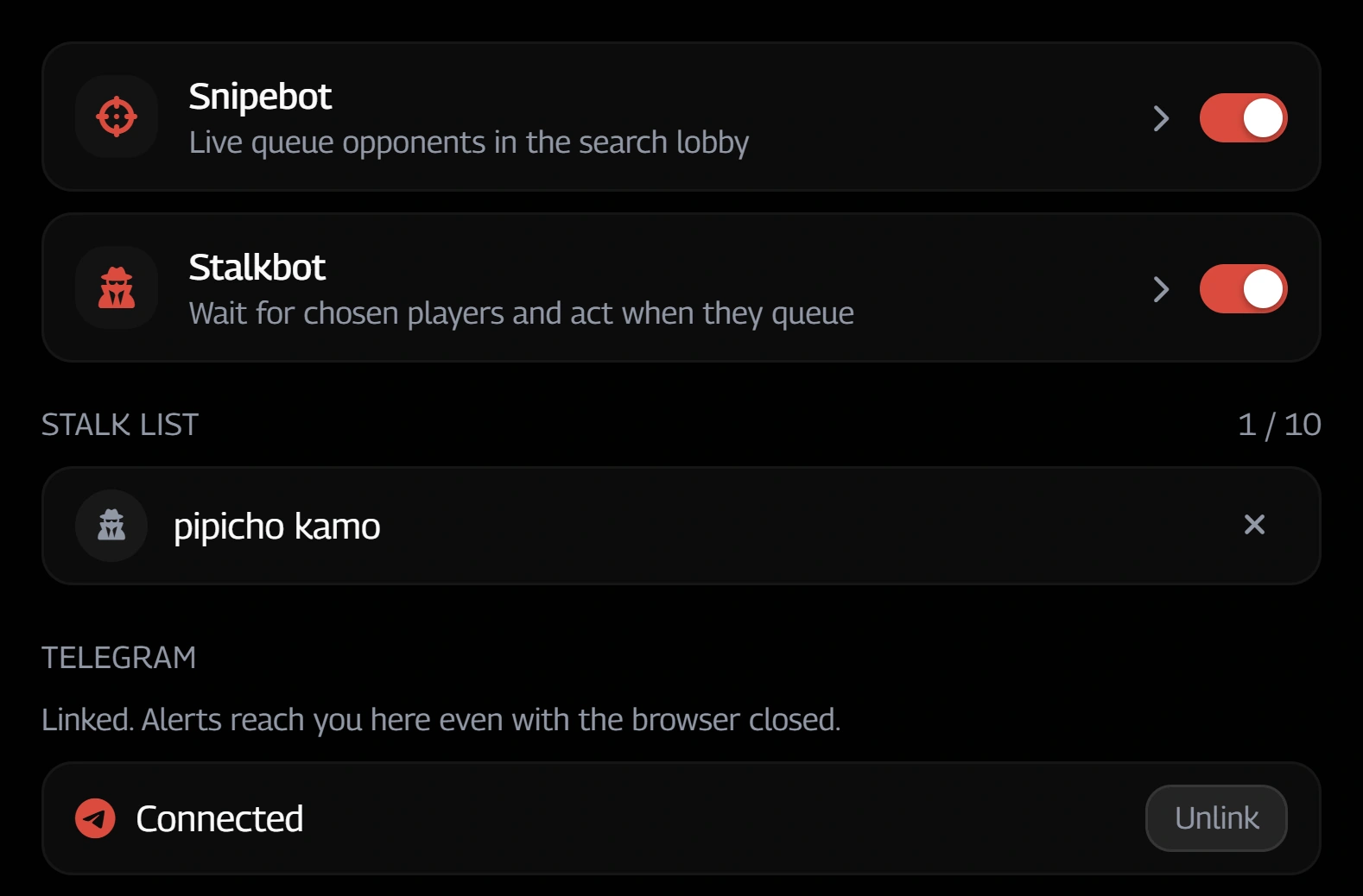 Раздел Snipe в окне настроек: переключатели Snipebot и Stalkbot, список слежки с одним игроком и привязанный Telegram.