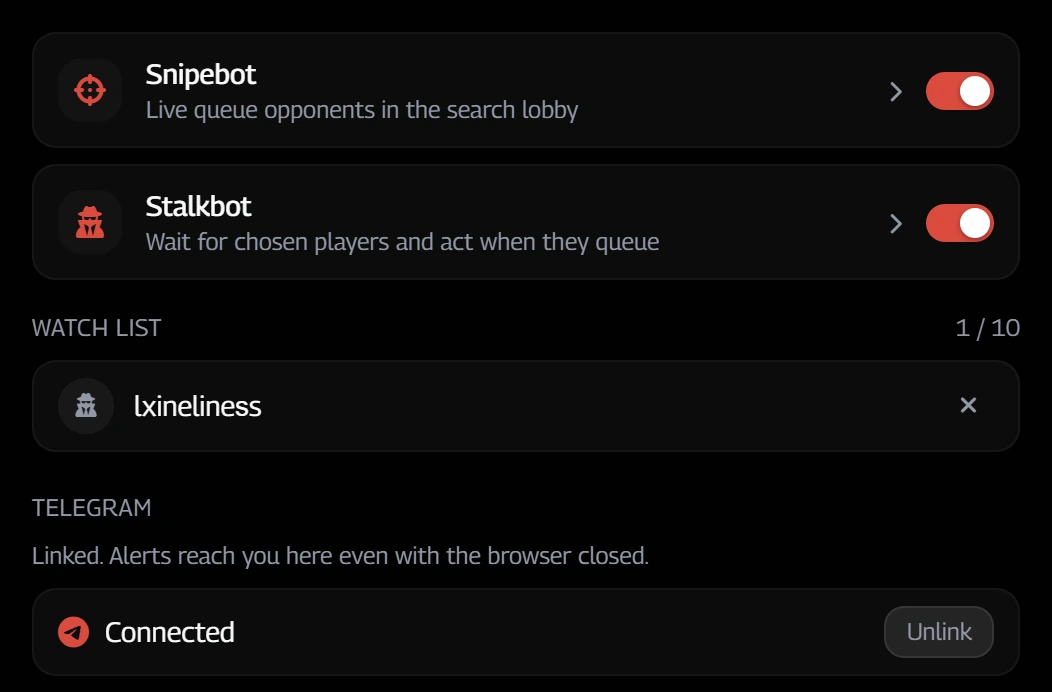 Раздел Snipe в окне настроек: переключатели Snipebot и Stalkbot, список наблюдения с одним игроком и привязанный Telegram.